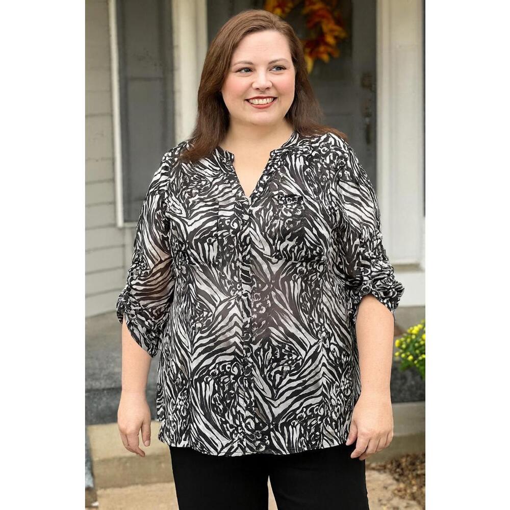 Oleg Cassini Women's Black White Animal Print Semi Sheer Roll Tab Sleeve Top, 0X